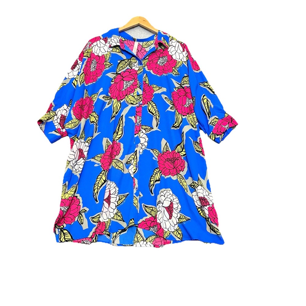 Melissa McCarthy Seven7 1X Blue Floral Button Up Artsy Blouse Pop Art Dolman Slv